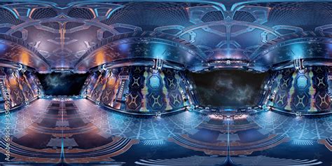 High resolution HDRI panoramic view of a spaceship interior. 360 panorama reflection mapping of ...