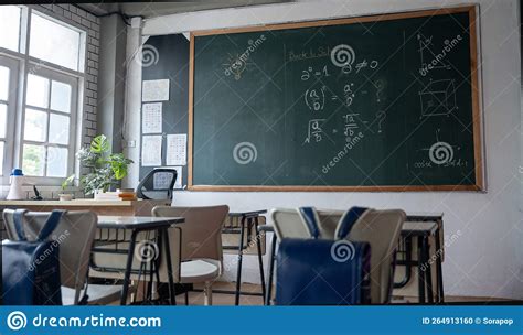 Empty Classroom with Chairs Elementary School Desks and Chalkboard Stock Photo - Image of seat ...