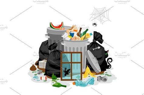 Pile of garbage isolated in white. Littering waste concept with with organic and household ...