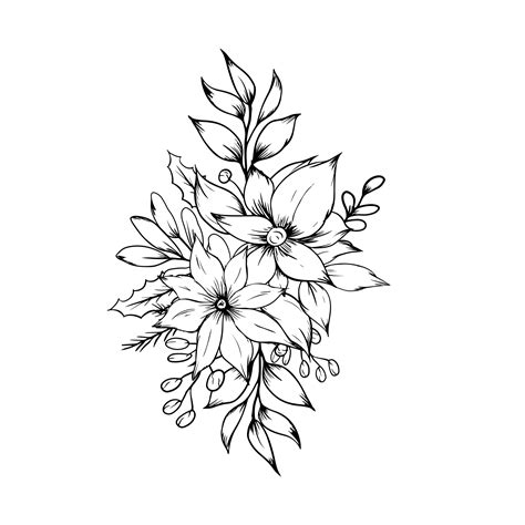 Black and White Hand Drawn Flower with Leaf Transparent Background 13994248 PNG