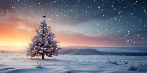 Premium AI Image | Christmas tree on a snowy field at sunset