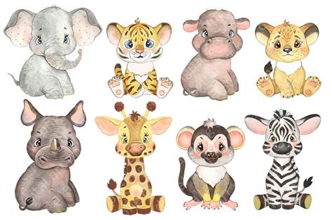 Safari Tropical Animal Clipart. Animal de la jungle. Aquarelle | Etsy Cartoon Baby Animals, Baby ...