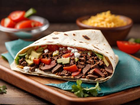 Beef Burrito Wrap Sandwich On Wooden Tray Close Up Picture And HD ...