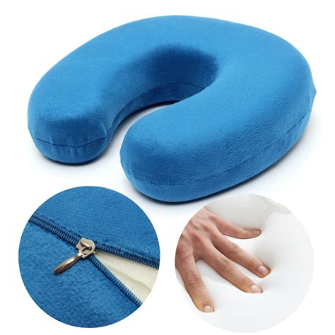 Blue Soft Velour Memory Foam U Shape Pillow Comfort Washable Neck Support Travel Cushion ...