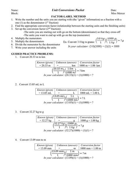 Factor Label Method Worksheet - Printable Word Searches