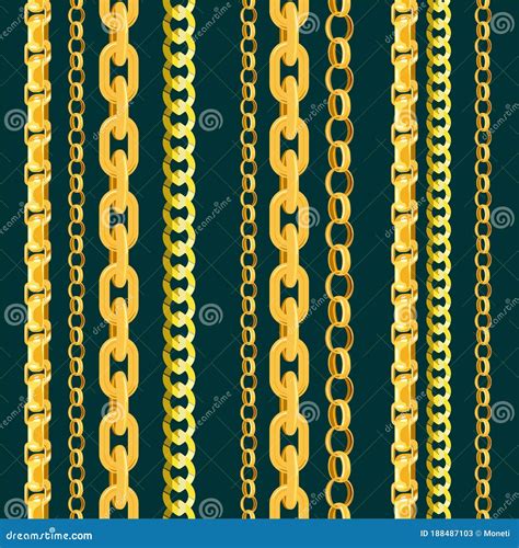 Chain Vector Seamless Pattern Gold Chainlet in Line or Metallic Link of Jewelry Illustration Set ...