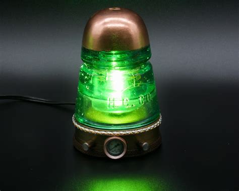 Steampunk Turquoise "Beehive" Glass Insulator Lamp, Aluminum Base, Ind – LightAndTimeArt