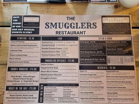 Menu at Smugglers Restaurant, Pevensey