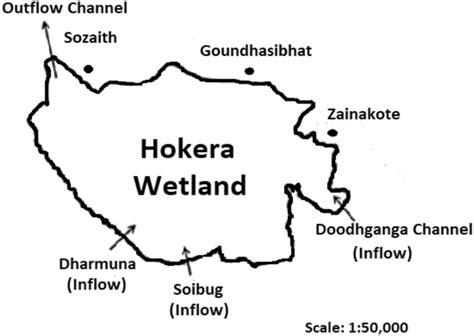 Map of Hokera wetland showing the inflow and outflow channels ...