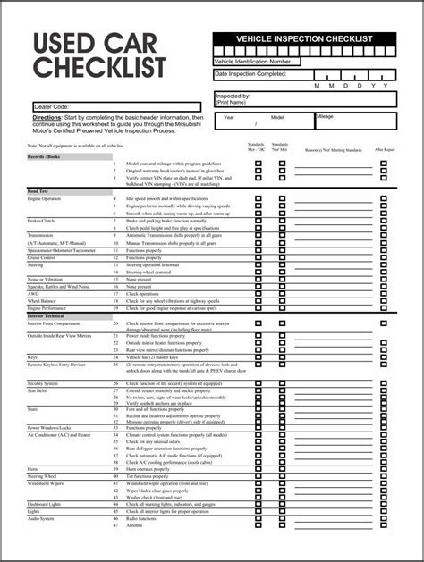 Used Car Checklist Template