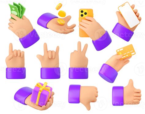 Human hands gestures set in plastic cartoon style. Holding money, phone, gift, card, thumb up ...