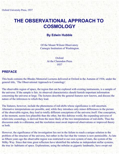 THE OBSERVATIONAL APPROACH TO COSMOLOGY By Edwin Hubble PREFACE