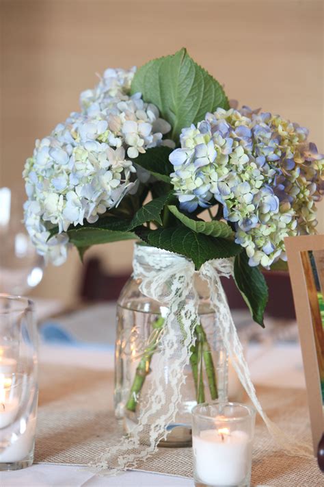 Blue Hydrangea with Lace in Mason Jar Hydrangea Centerpiece Wedding ...