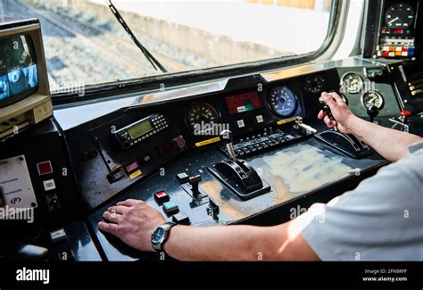 Interior view of the pilot hands and instrument panel cockpit of ...