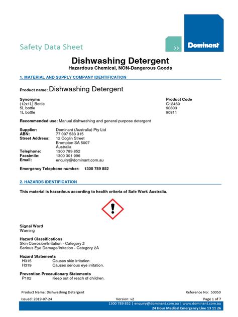 Dishwashing Detergent - Safety Data Sheets | Download Free PDF ...