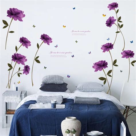 Home Decoration Beautiful Purple Rose Flower Wall Sticker Couple ...