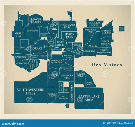 Modern City Map - Des Moines Iowa City Of The USA With Neighborhoods ...