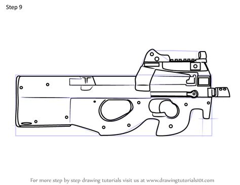 Step by Step How to Draw P90 SMG from Rainbow Six Siege : DrawingTutorials101.com