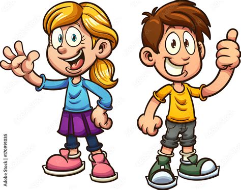 Cute cartoon boy and girl. Vector clip art illustration with simple gradients. Each on a ...