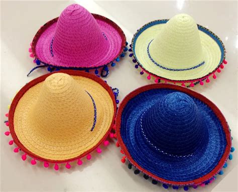 Mexican Sombrero For Children Kids Show Straw Hats Dance Props Pompom ...