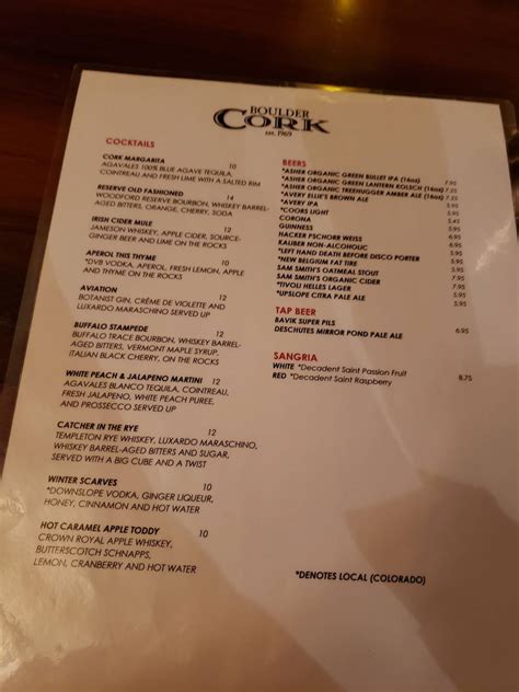 Menu at The Boulder Cork steakhouse, Boulder