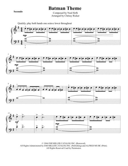 Batman Theme - Late Elementary Piano Duet By Neal Hefti - Digital Sheet ...