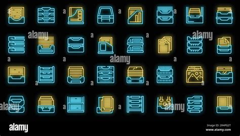 Paper tray icons set outline vector. Office rack. Storage equipment neon color on black Stock ...