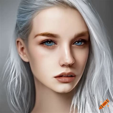 Portrait of a woman with white-blonde hair and bluish-gray eyes