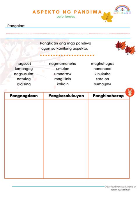 Aspekto ng Pandiwa Worksheet