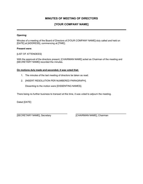 Board Of Directors Meeting Minutes Template Doc