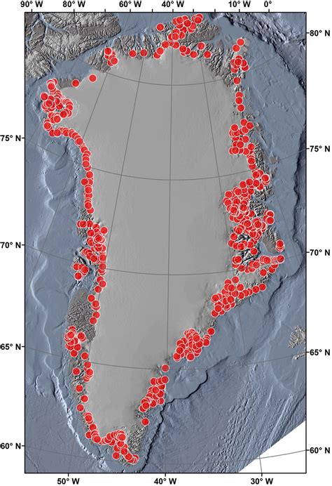 Map of Greenland with all official glacier names plotted in red (733... | Download Scientific ...