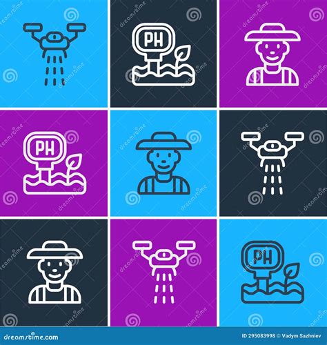 Set Line Smart Farm with Drone, Farmer in the Hat and Soil Ph Testing Icon. Vector Stock ...