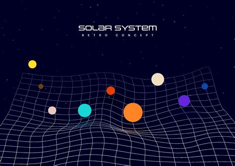 Vector solar system minimalistic retro style. Futuristic deformed mesh grid with colorful dots ...