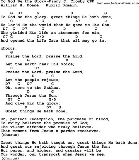 Gospel Song: To God Be The Glory-Fanny J Crosby, lyrics and chords.