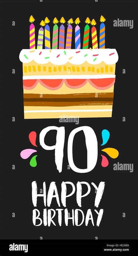 Happy birthday number 90, greeting card for ninety years in fun art style with cake and candles ...