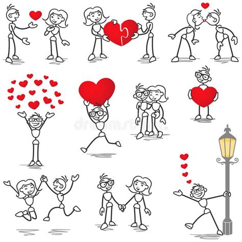 Stickman stick figure in love couple heart kiss. Set of vector stick ...