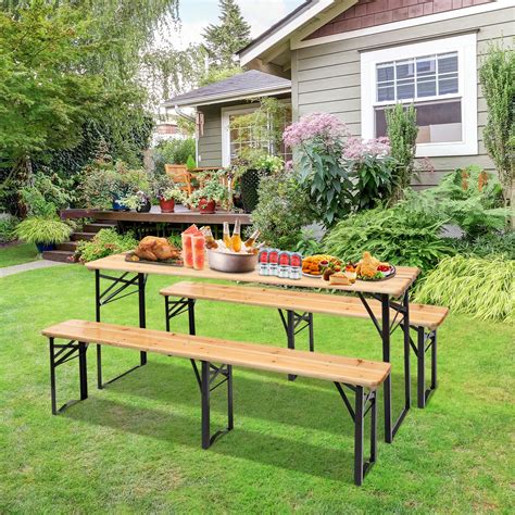 VINGLI Folding Picnic Tables with Benches Set, Weather-Resistant Wooden Beer Garden Table Bench ...