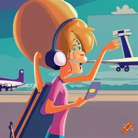 Cartoon person with suitcase and phone at the airport on Craiyon
