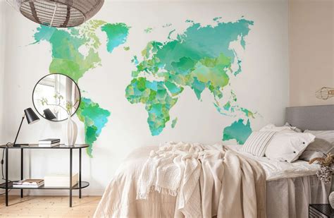 World Map In Green and Blue wallpaper - Happywall