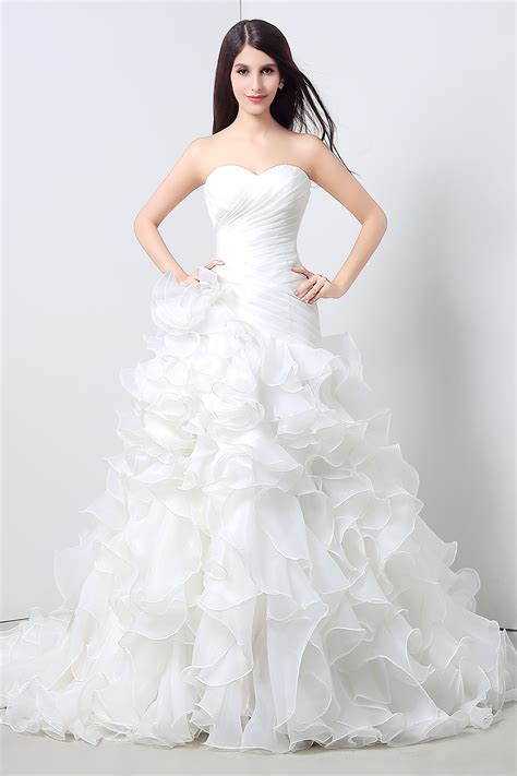 Simple Lovely Mermaid Strapless Organza Ruffle Wedding Dress Corset Back