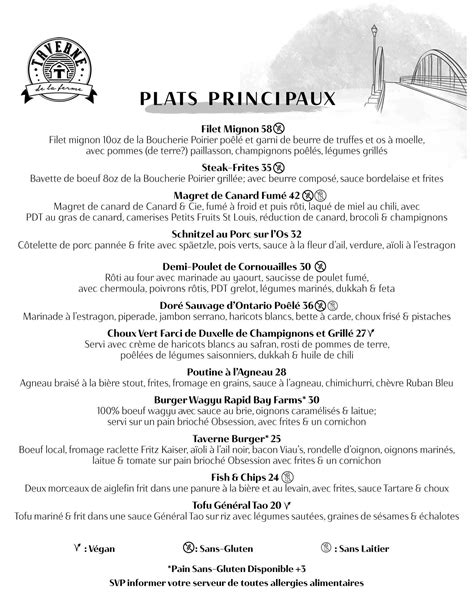 Menu au Taverne de la Ferme pub et bar, Canada