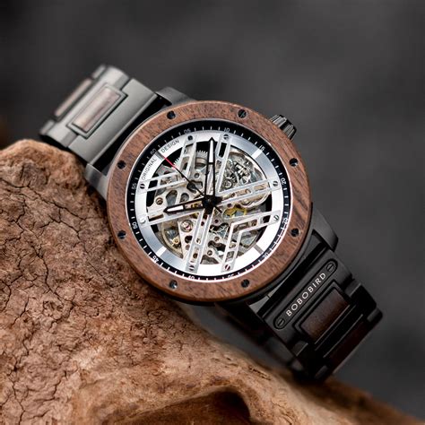 Skeleton Watches Automatic Mechanical Walnut Silver - X