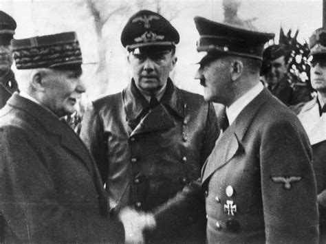 The French President Marshal Petain meets Adolf Hitler at Montoire in front of Hitler’s ...