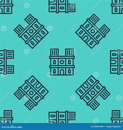 Black Line Landmark of France Notre Dame De Paris Icon Isolated Seamless Pattern on Green ...