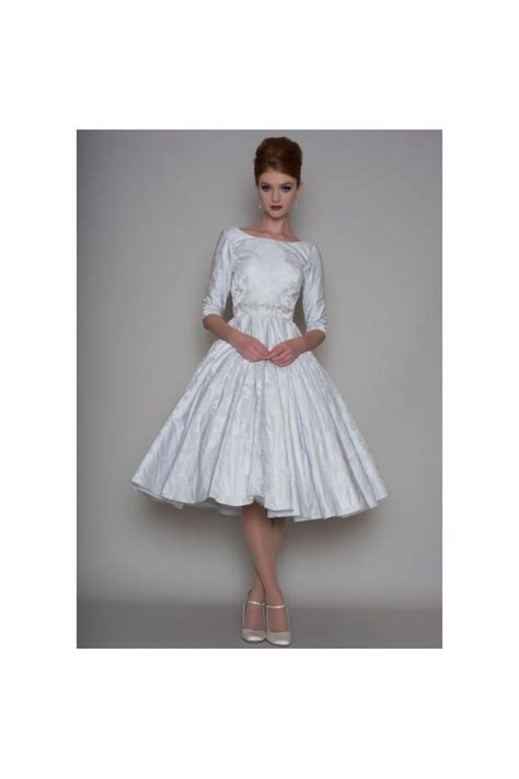 LYDIA Ivory Brocade 1950s Vintage Tea Length Short Wedding Dress With Sleeves | Short wedding ...