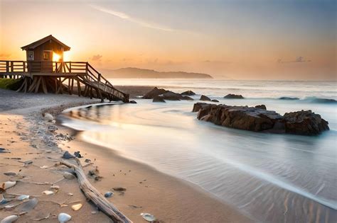 Premium AI Image | A beach with a view of the ocean and a beach house on the horizon