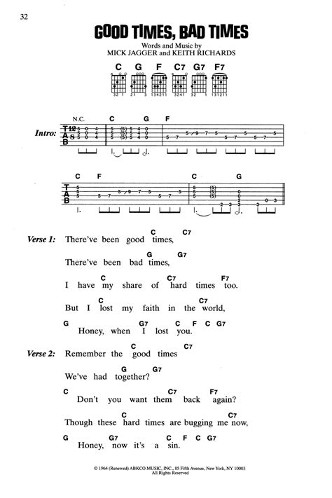 Good Times, Bad Times by The Rolling Stones - Guitar Chords/Lyrics ...