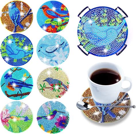 8 Pcs Diamond Painting Coasters with Holder,DIY Diamond Art Crafts for Adults, Small Diamond ...