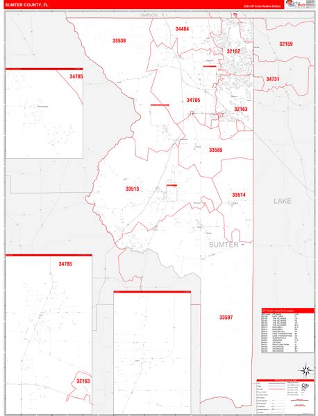 Sumter County, FL Zip Code Wall Map Red Line Style by MarketMAPS - MapSales