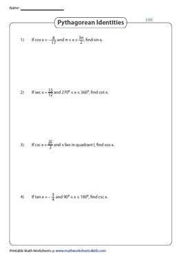 Pythagorean Identities in Trigonometry Worksheets